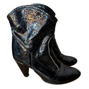 STEFANY P Black Patent Heel Booties Boots Italy Shiny Goth Edgy Witch Size 39